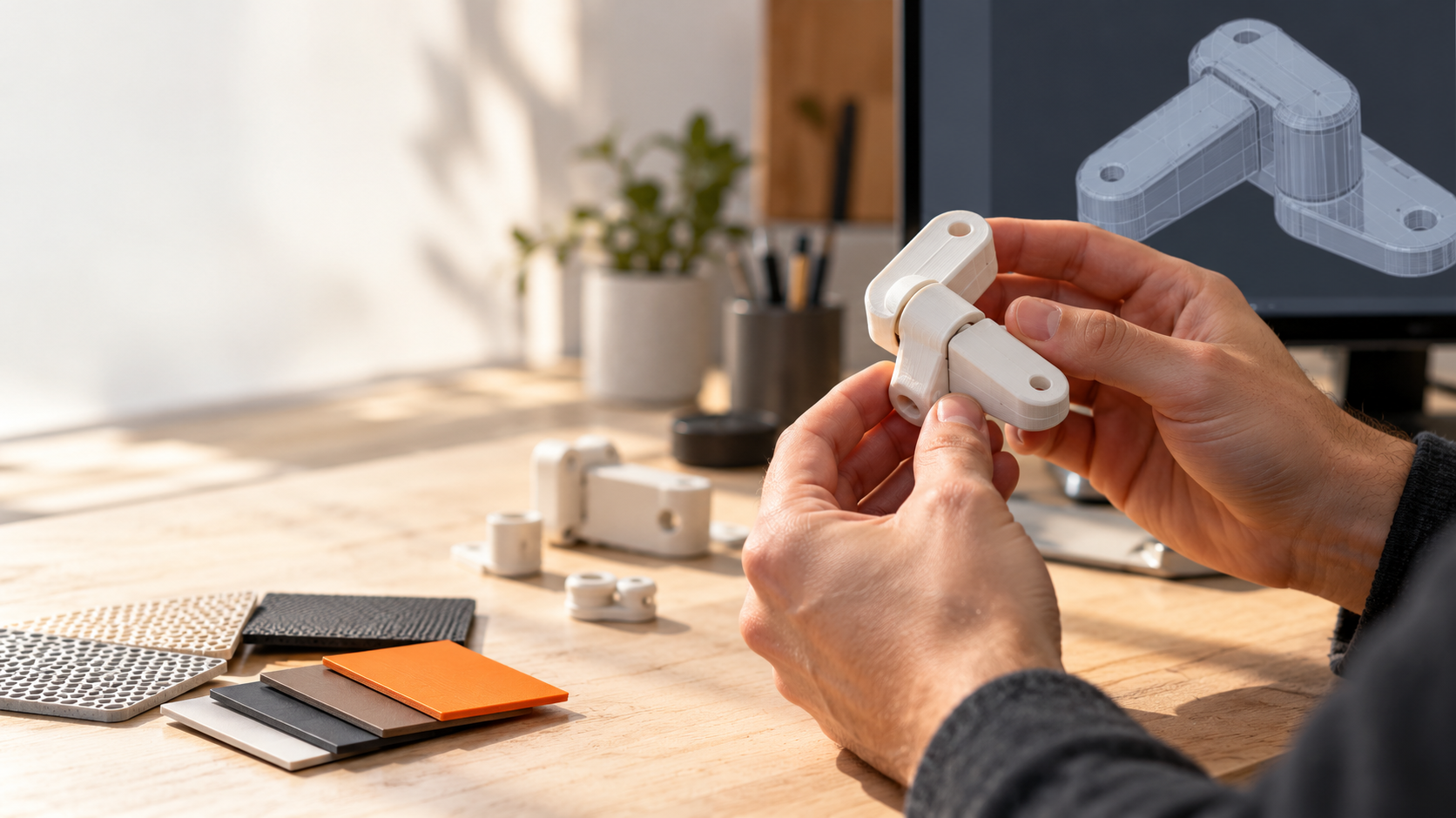 Illustrative view of a designer examining a printed prototype