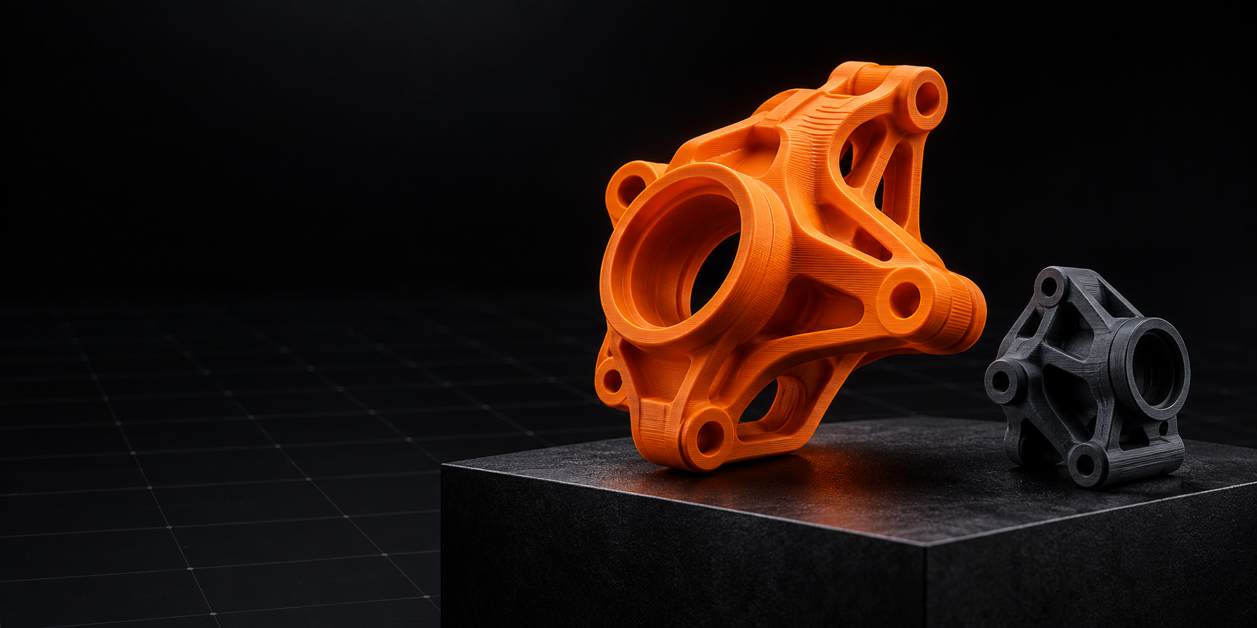 Illustration of an orange 3D printed mechanical component